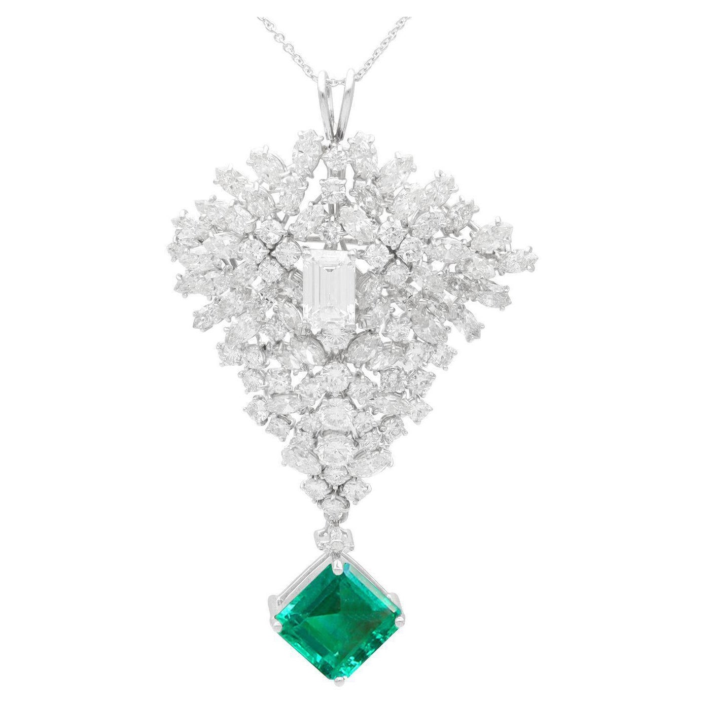 7.47 Carat Zambian Emerald and 14.50 Carat Diamond White Gold Brooch / Pendant For Sale