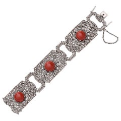 Antique 25.00 Carat Historic French Art Deco Platinum & Coral Bracelet 