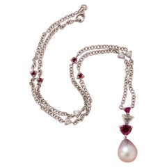 White Gold Necklace with Ruby, Diamond and Pearl