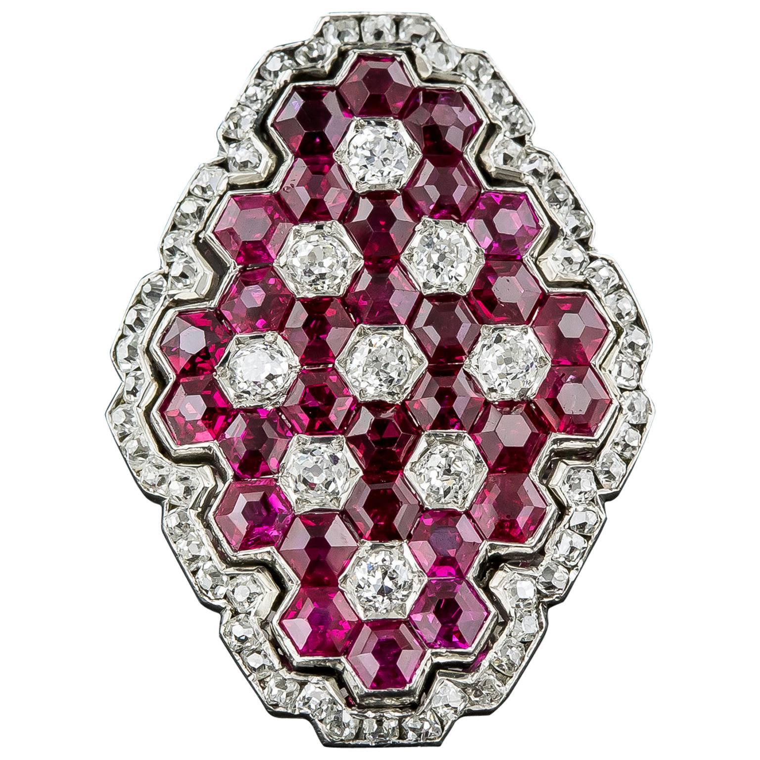 Magnificent Art Deco Ruby Diamond Platinum Ring For Sale