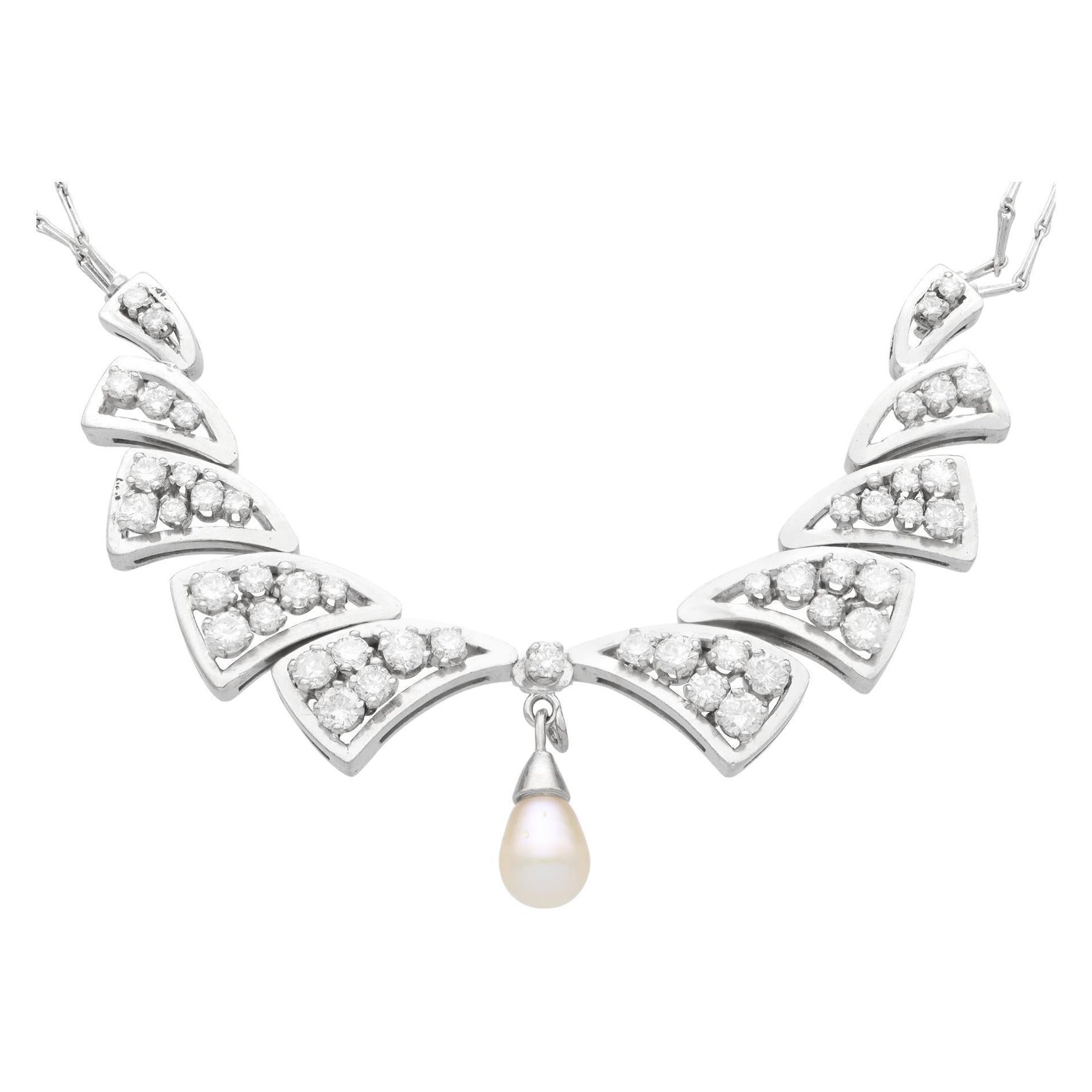 Vintage Cultured Pearl and 2.54 Carat Diamond White Gold Necklace For Sale