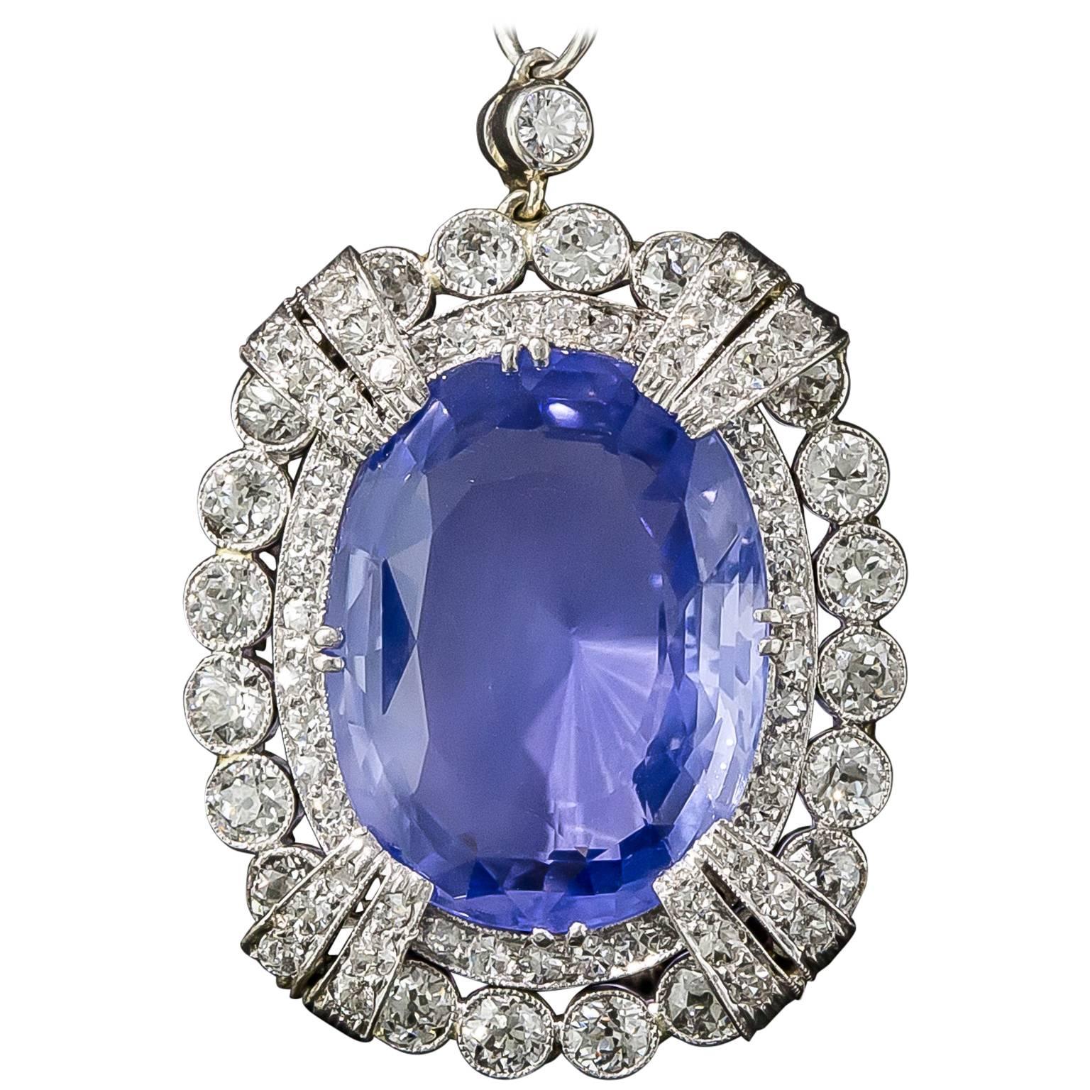 15.65 Carat Unheated Ceylon Sapphire Art Deco Diamond Platinum Necklace For Sale