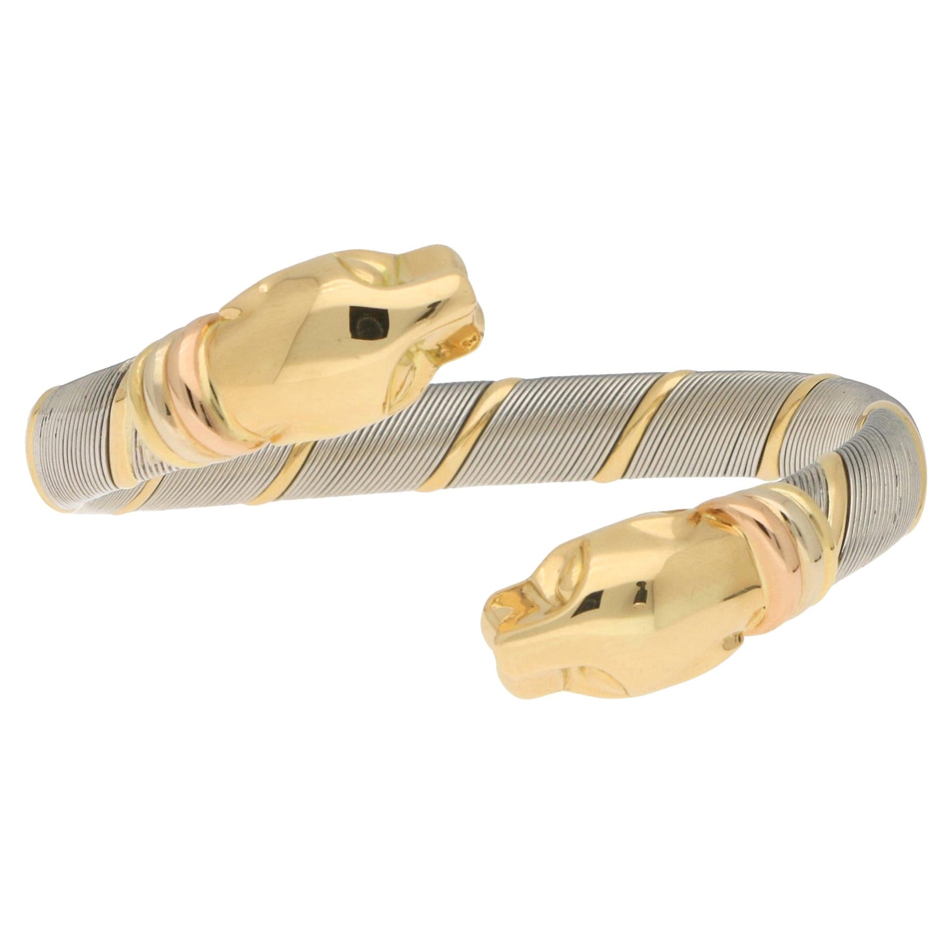 Vintage Cartier Double Headed Panthère Bangle in Stainless Steel and 18k Gold