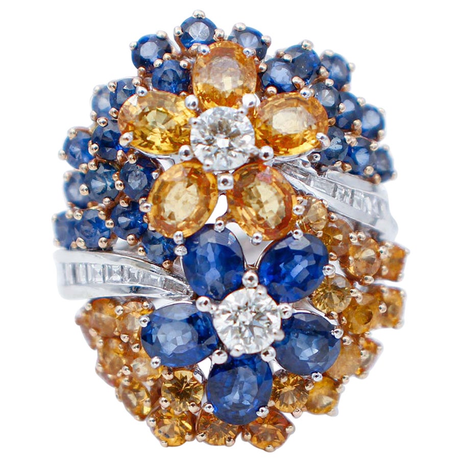 Blue and Yellow Sapphires, Diamonds, 14 Karat White Gold Ring