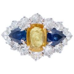 Zaffiri blu e gialli, diamanti, anello Retrò in oro bianco 14 carati