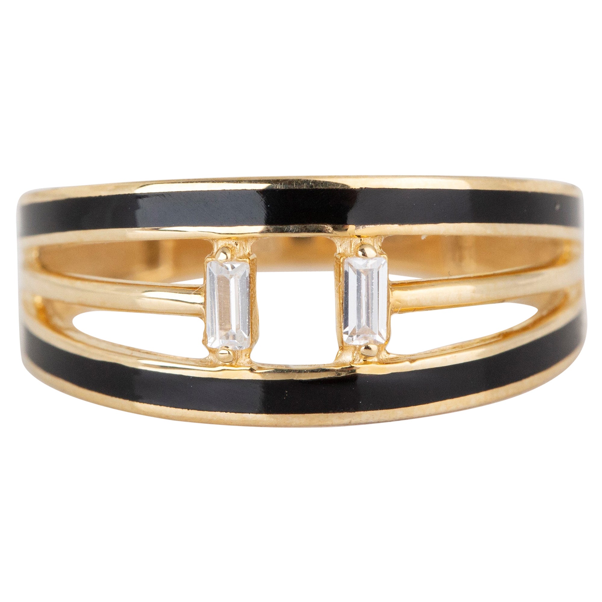 For Sale:  14K Gold 0.07 Ct Emerald Cut Diamond Black Enamel Ring