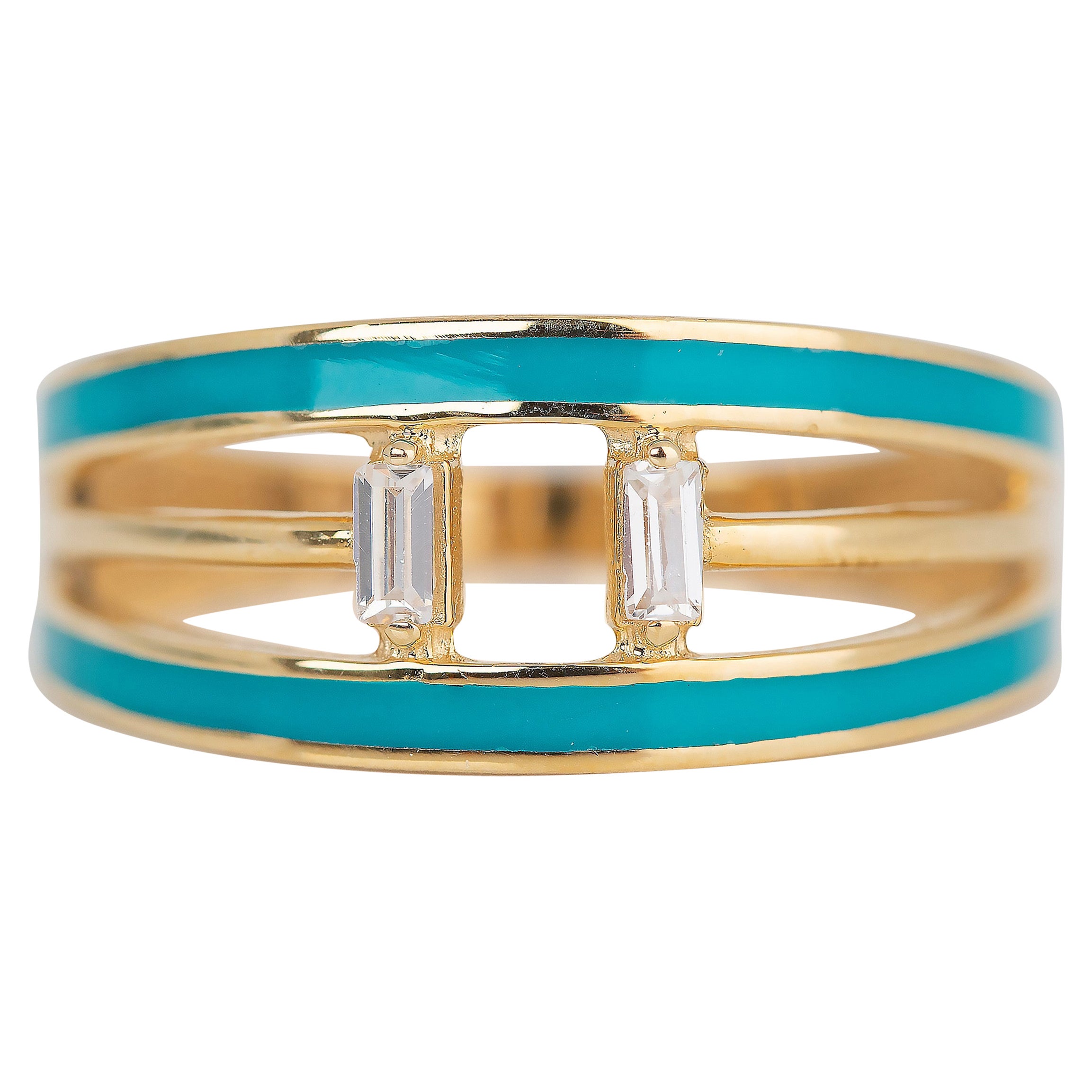 For Sale:  14K Gold 0.07 Ct Emerald Cut Diamond Turquoise Enamel Ring
