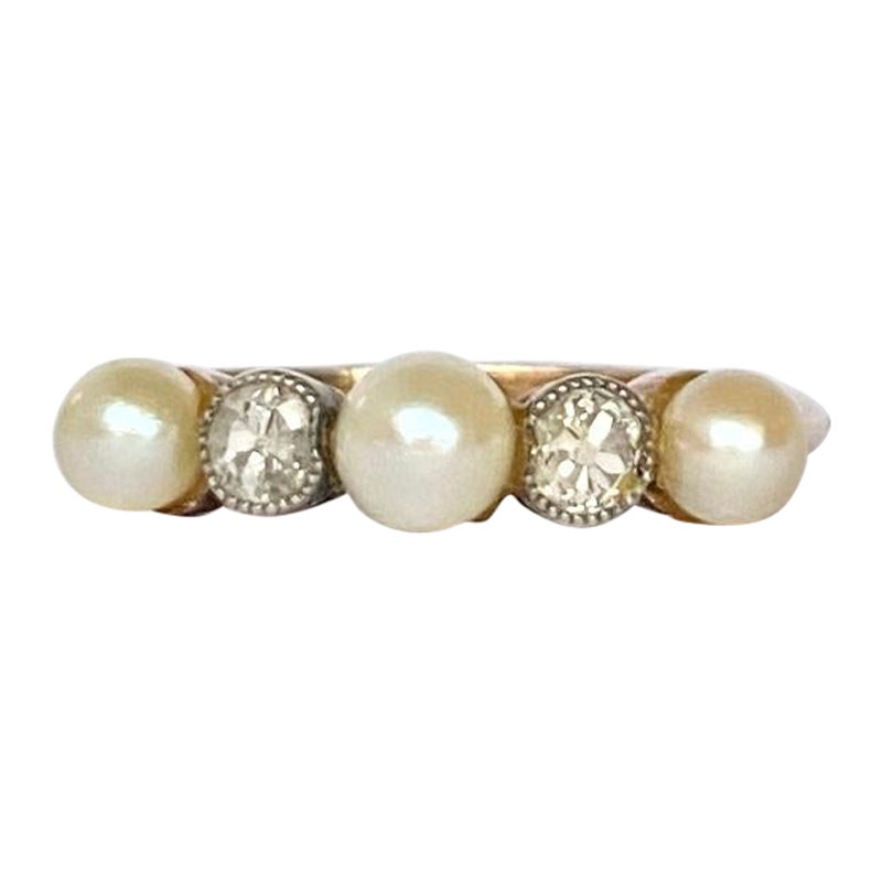 Art Deco 18 Carat Gold Pearl and Diamond Five-Stone Ring