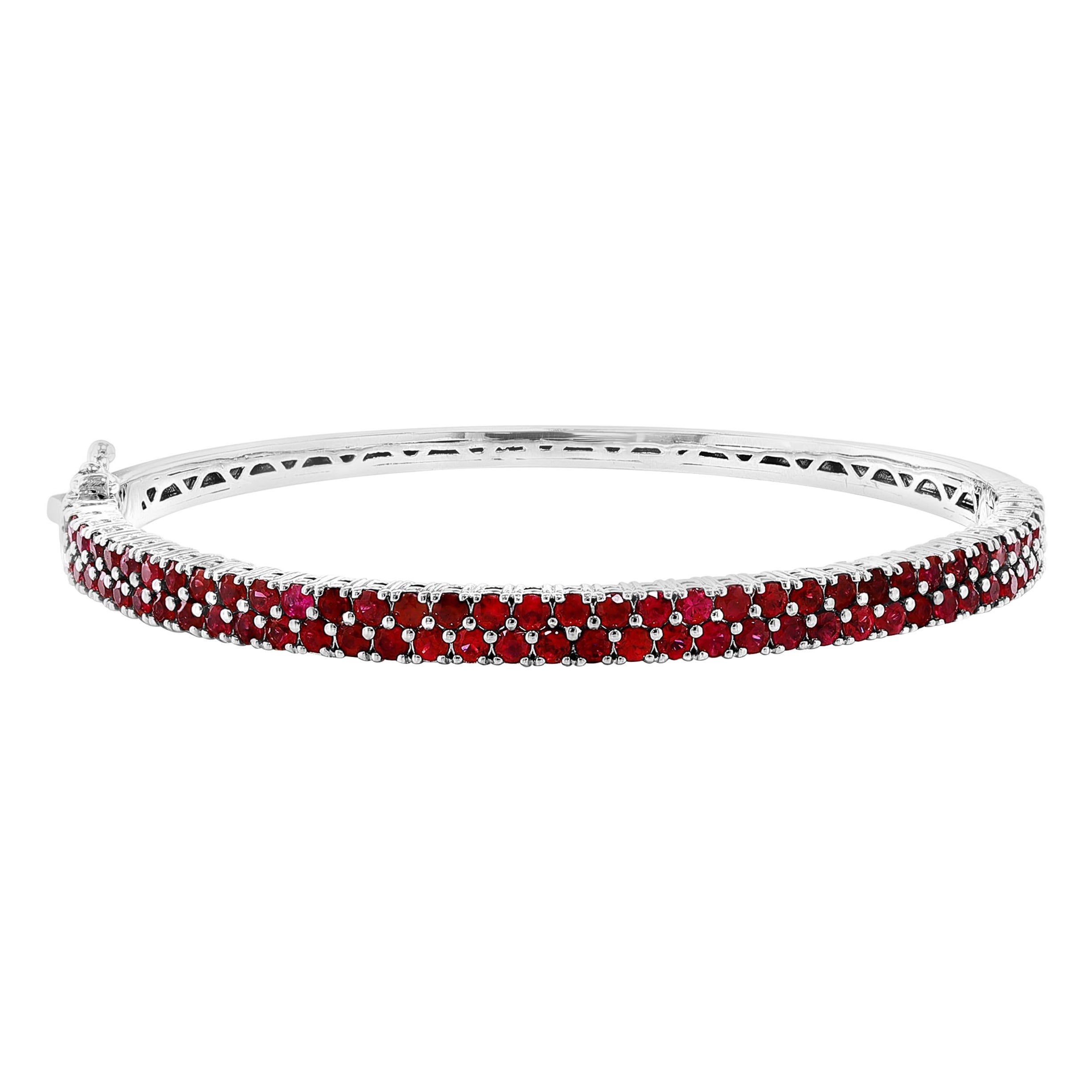 3.53 Carat Round Cut 2 Row Ruby Bangle in 14K White Gold For Sale