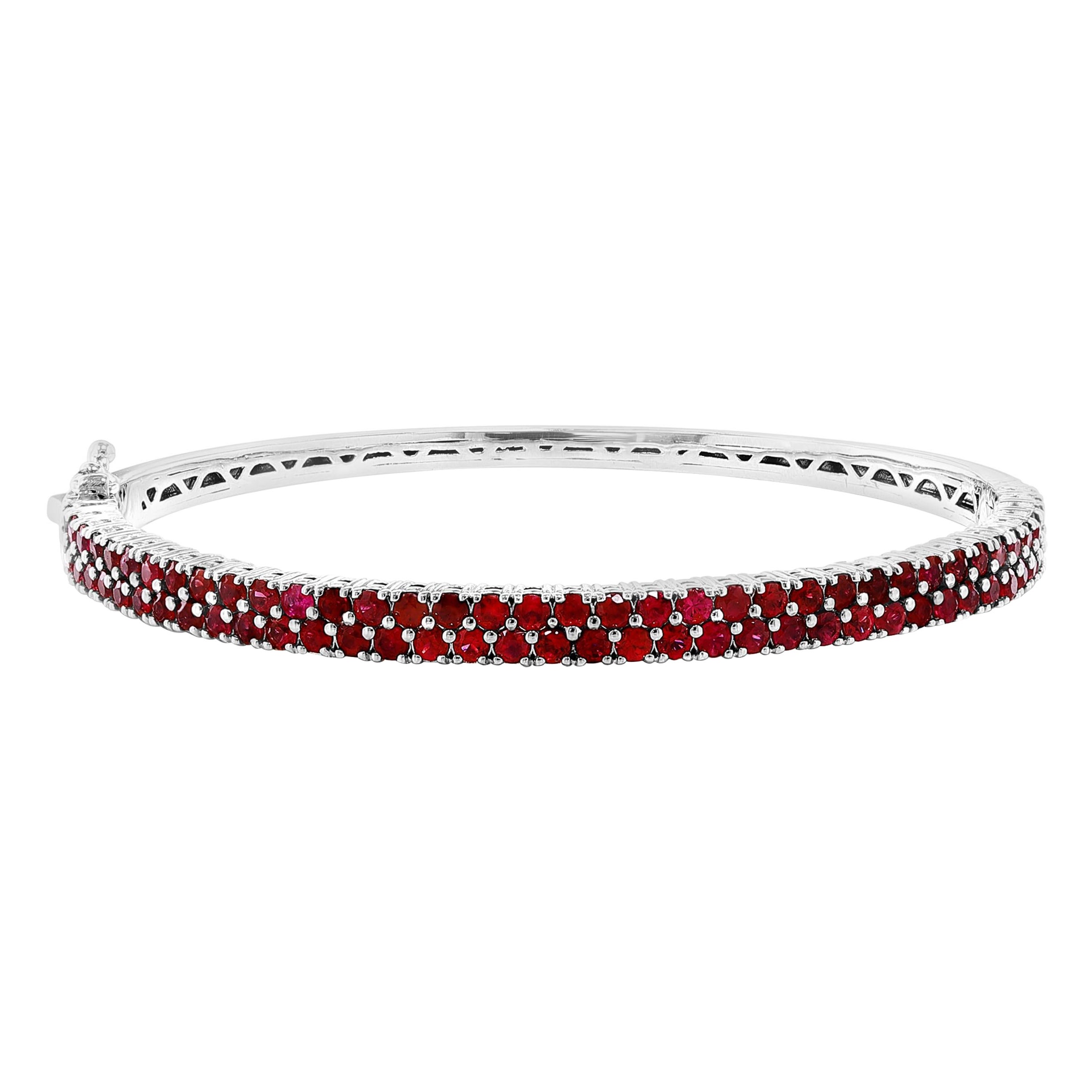 Bracelet jonc en or blanc 14 carats avec 2 rangées de rubis de taille ronde de 3,53 carats