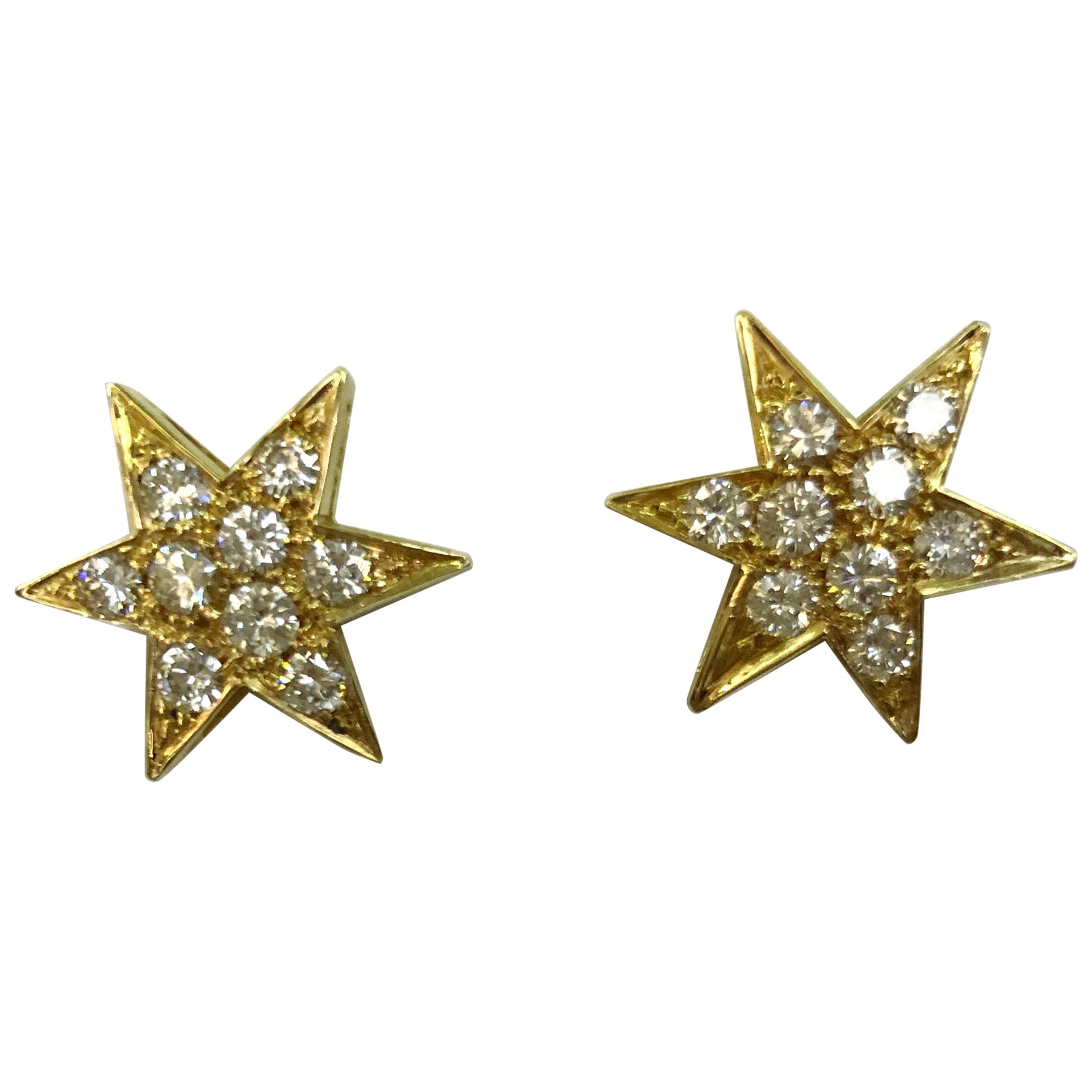 Pair of Yellow Gold and Diamond Star Earrings For Sale