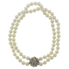 Akoya Pearl Diamond Flower Clasp Gold Double-Strand Choker Necklace