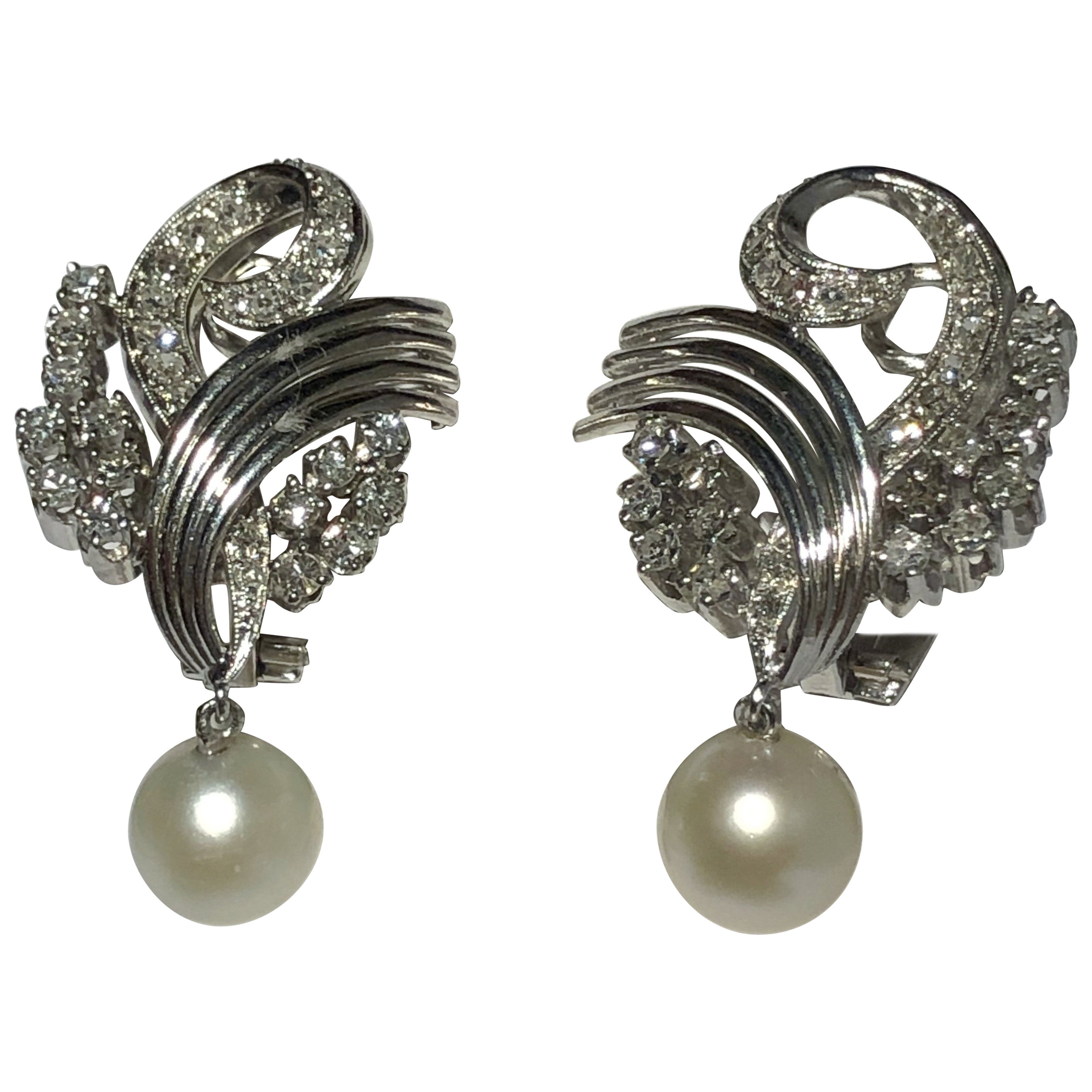 Pair of Platinum Pearl and Diamond Earrings For Sale