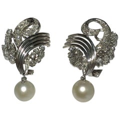 Pair of Platinum Pearl and Diamond Earrings