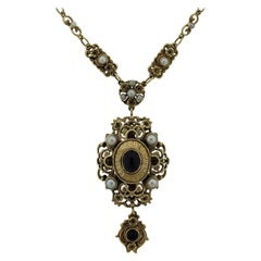 Retro Antique-Style Amethyst Pearl Gold Drop Necklace