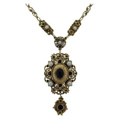 Vintage Antique-Style Amethyst Pearl Gold Drop Necklace