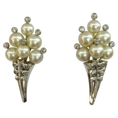 Vintage Pair of 18 Karat White Gold Pearl and Diamond Earrings