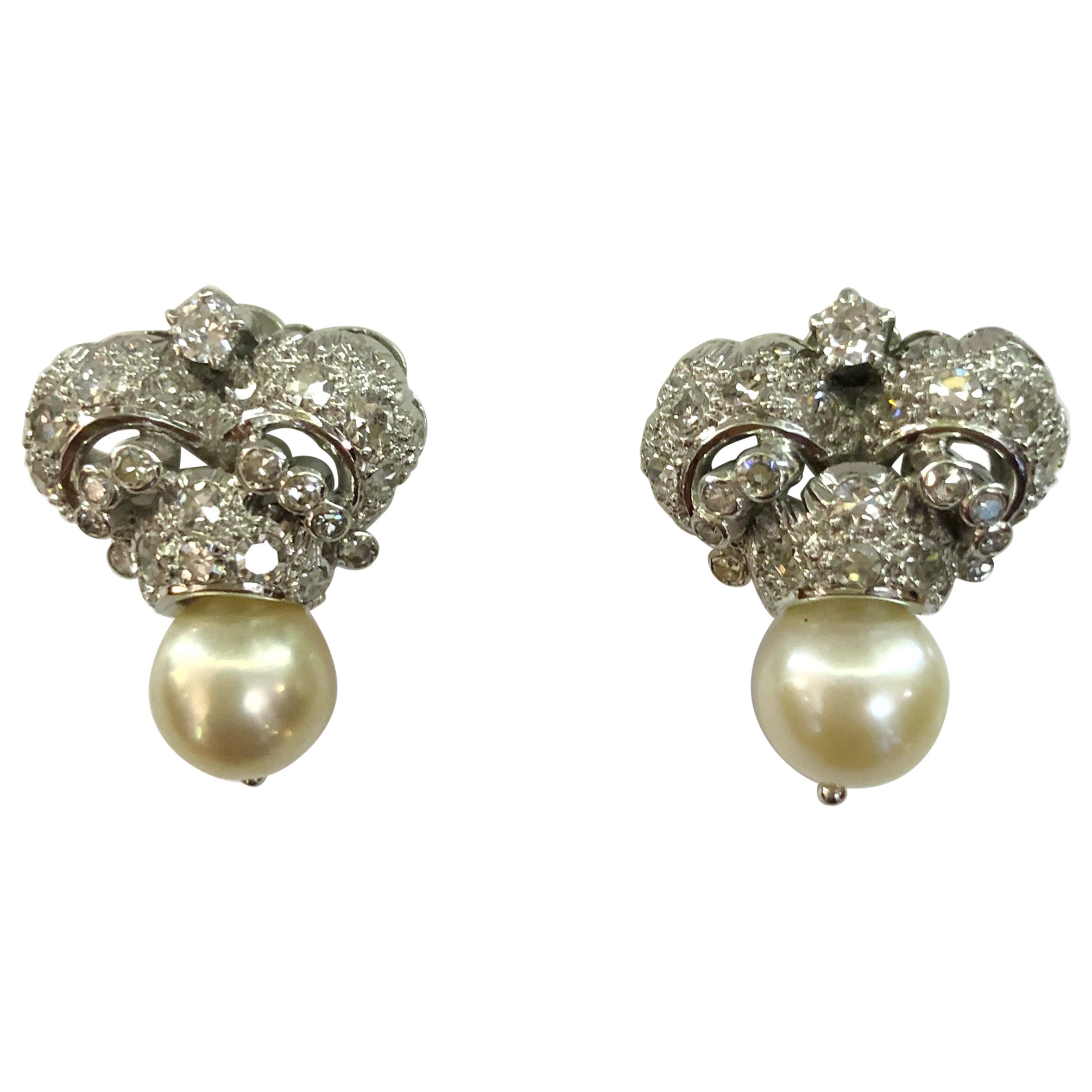 Pair of 18 Karat White Gold Pearl and Diamond Earrings For Sale