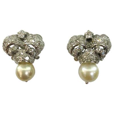 Pair of 18 Karat White Gold Pearl and Diamond Earrings For Sale at 1stDibs