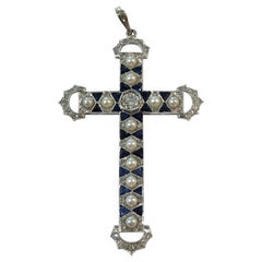 18 Karat White Gold Sapphire Pearl and Diamond Cross Pendant