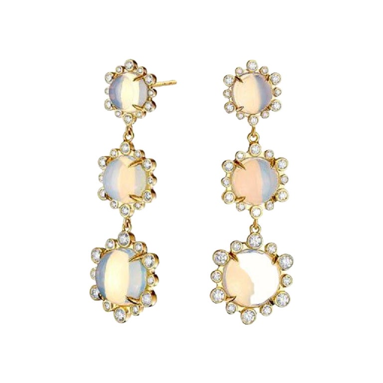 Syna Yellow Gold Mogul Hex Earrings with Moon Quartz and Diamonds For Sale