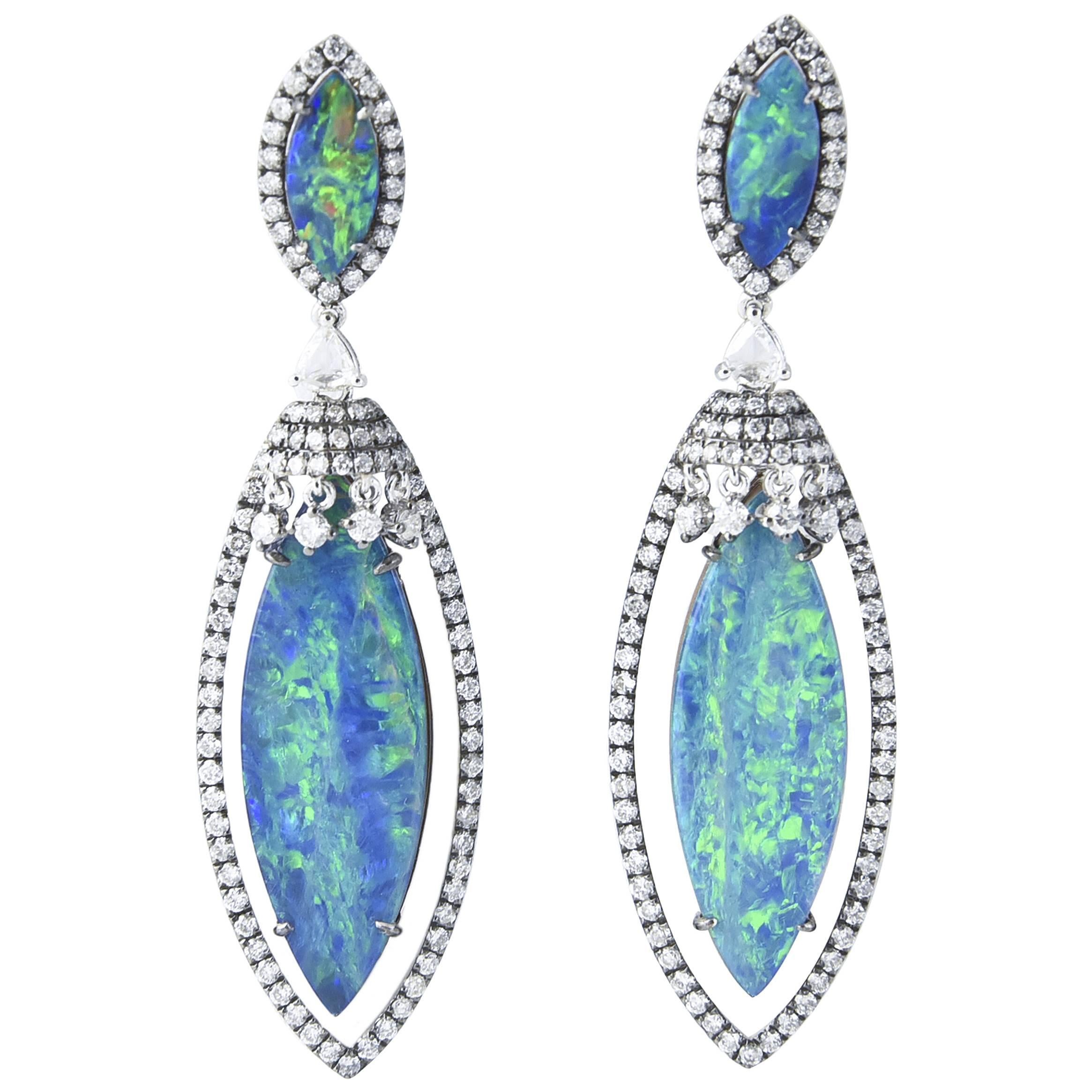 Opal Diamond Gold Drop Dangling Earrings