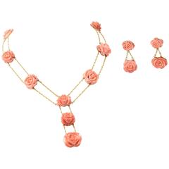 Carved Coral Roses and Gold Drop Necklace and Earrings