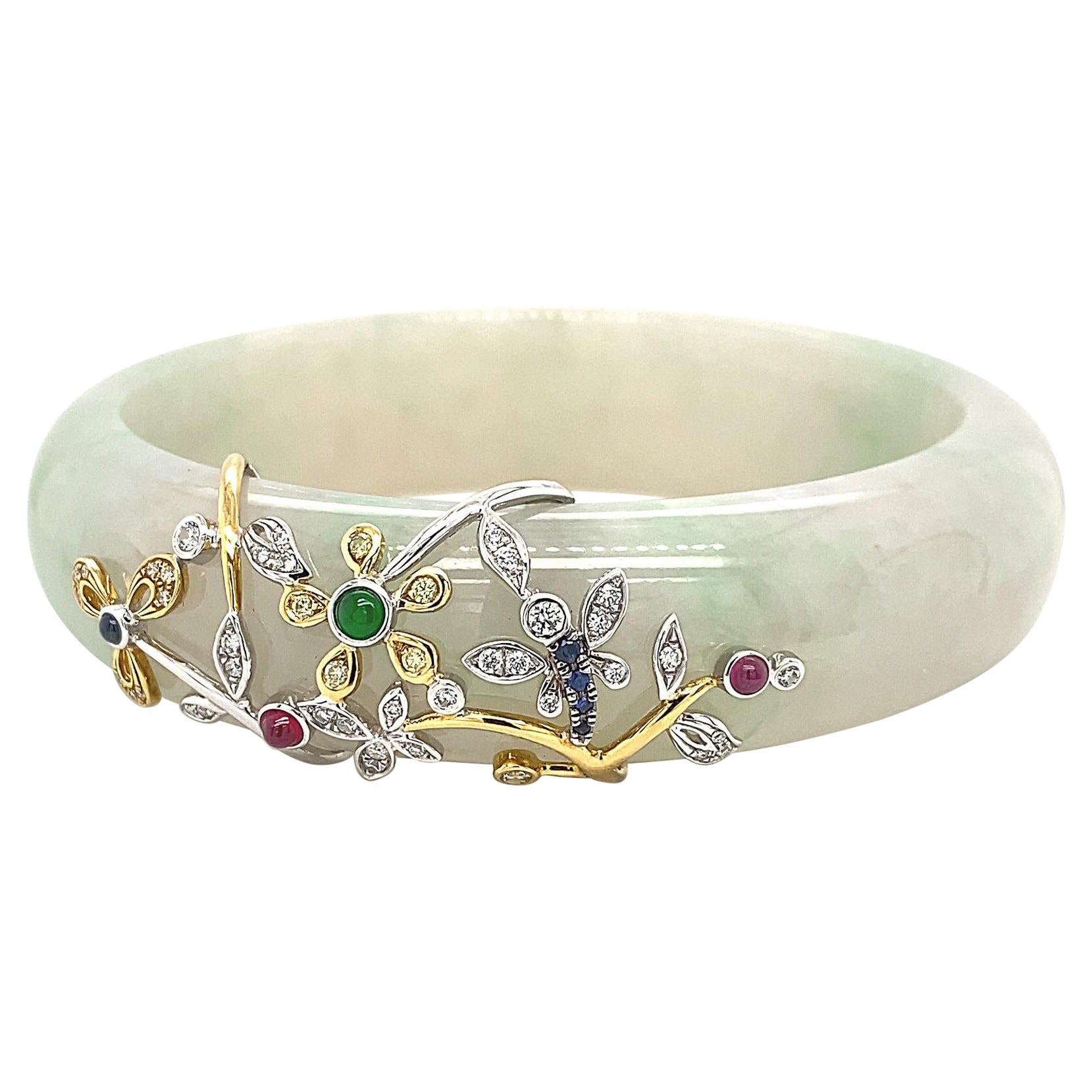 HKJSL Certified Jade 'Botanica' Bangle by Dilys' in 18K Yellow & White Gold