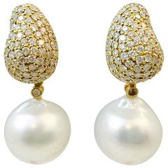 Stunning South Sea Pearl Diamond Gold Drop Earrings 8