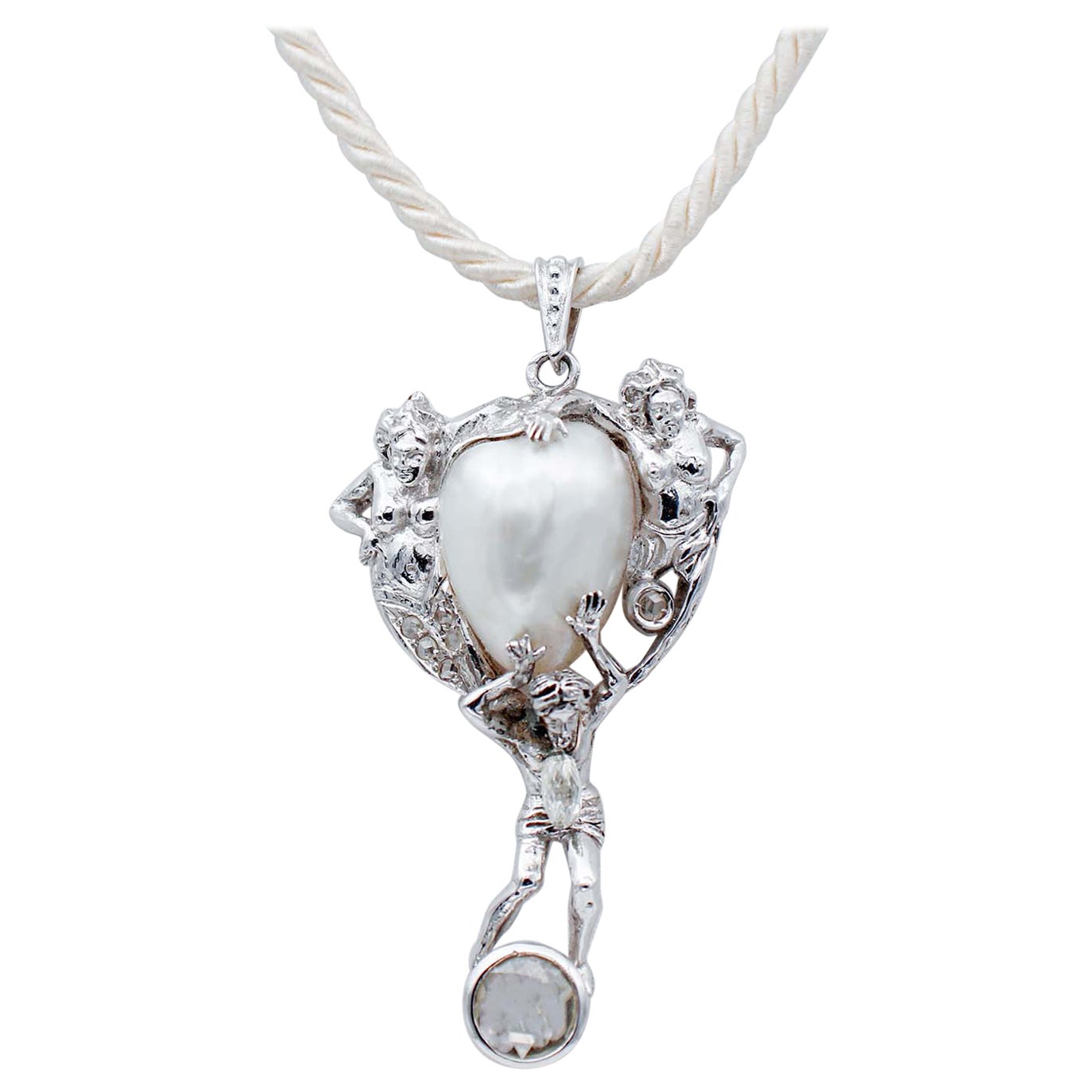 Big Rose Cut Diamond, Baroque Pearl, Diamonds, 14Kt White Gold Pendant Necklace. For Sale