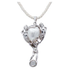 Retro Big Rose Cut Diamond, Baroque Pearl, Diamonds, 14Kt White Gold Pendant Necklace.