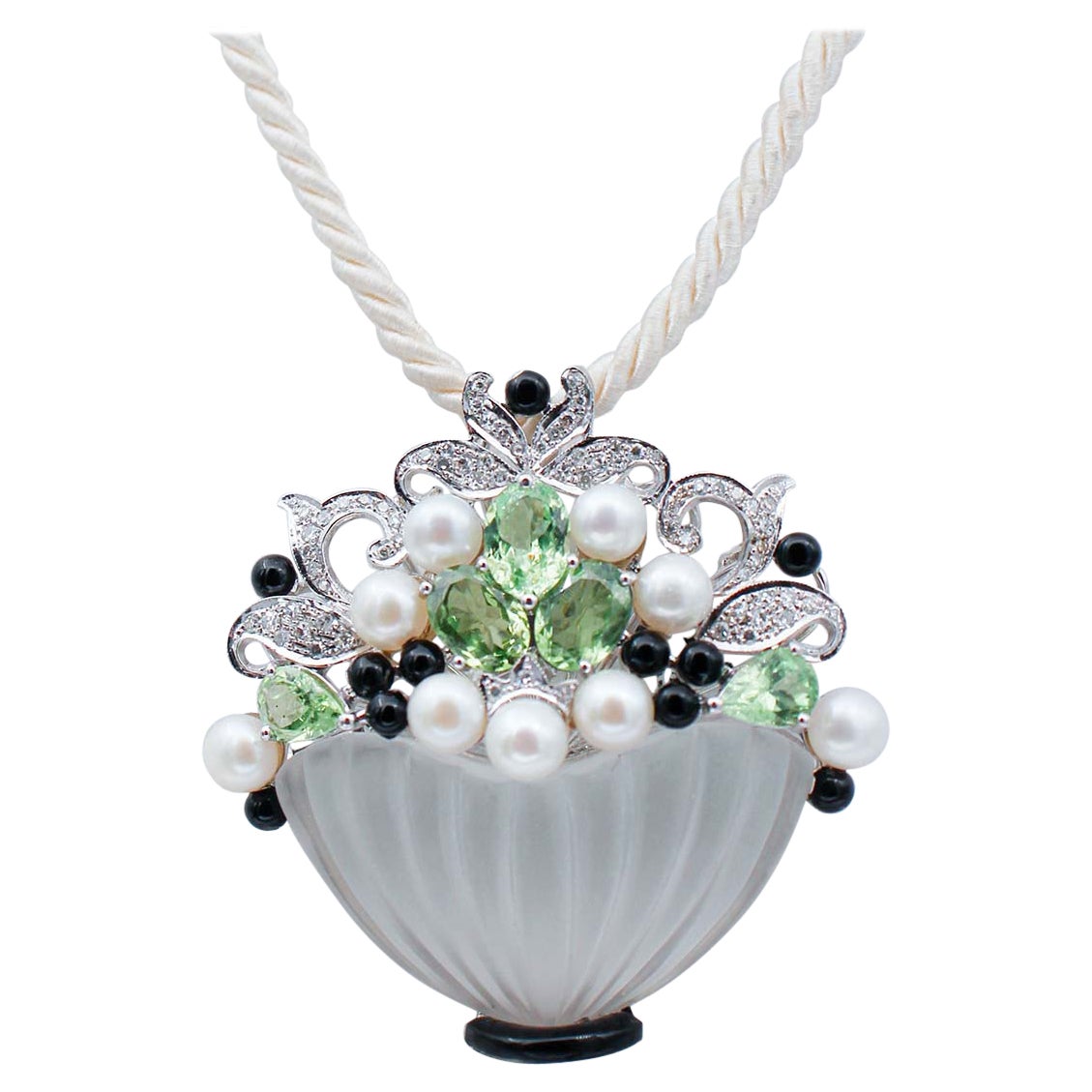 Peridots, Diamonds, Onyx, Rock Crystal, Pearls, Platinum Brooch/Pendant Necklace For Sale