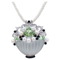 Peridots, Diamonds, Onyx, Rock Crystal, Pearls, Platinum Brooch/Pendant Necklace