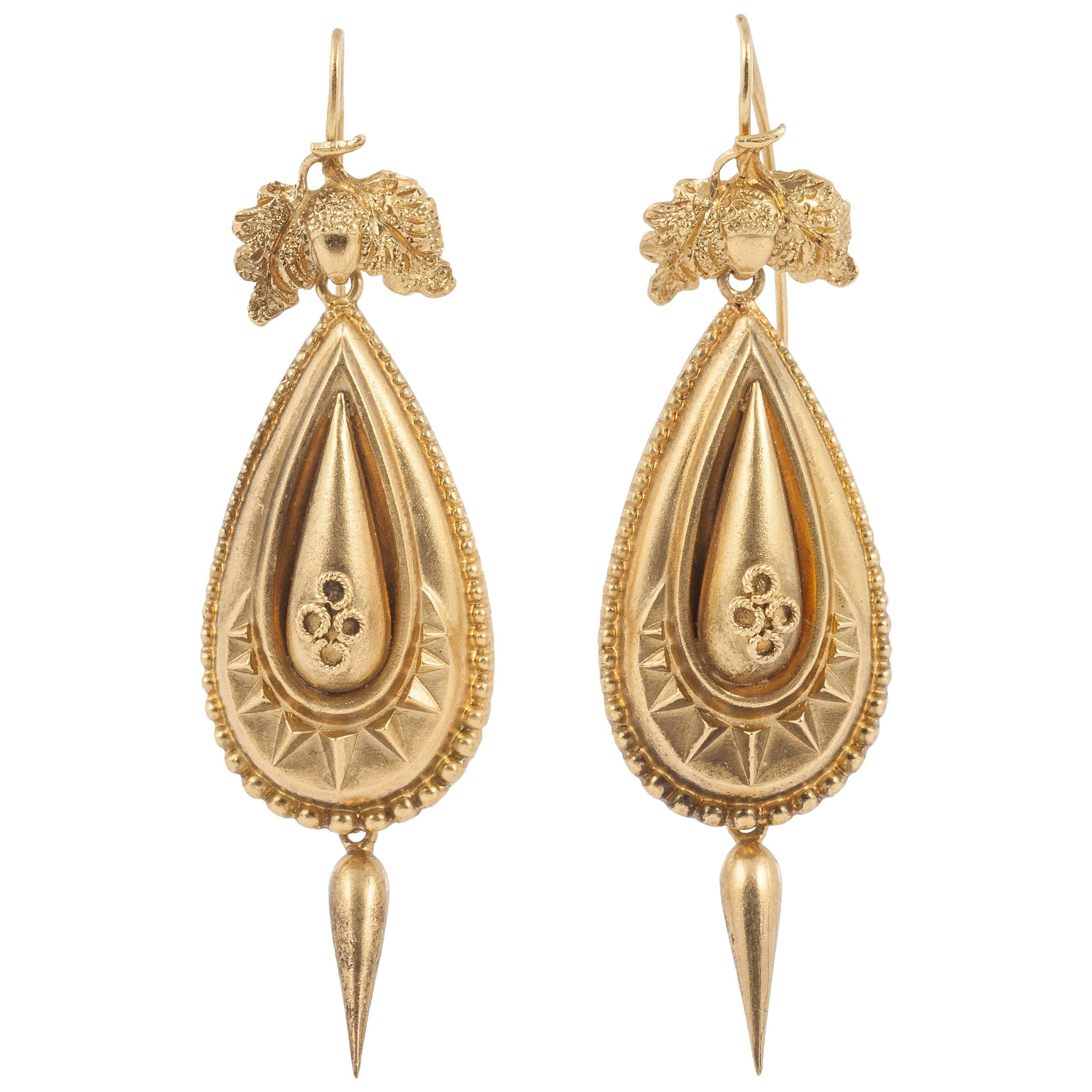 Victorian Etruscan Revival Gold Earrings For Sale