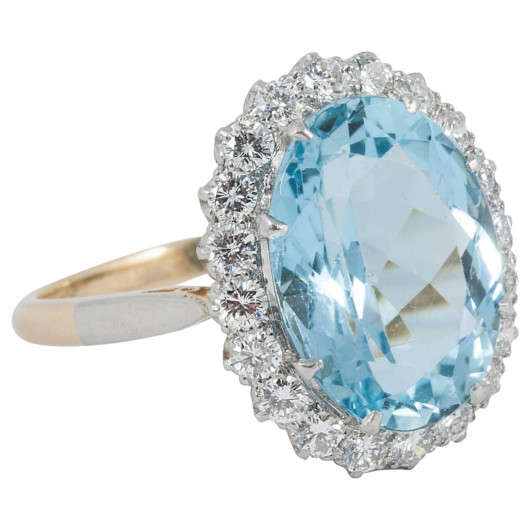 Aquamarine Diamond Gold Platinum Cluster Ring For Sale