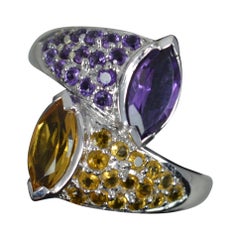 Vintage Attractive 14ct White Gold Amethyst and Citrine Cluster Crossover Ring
