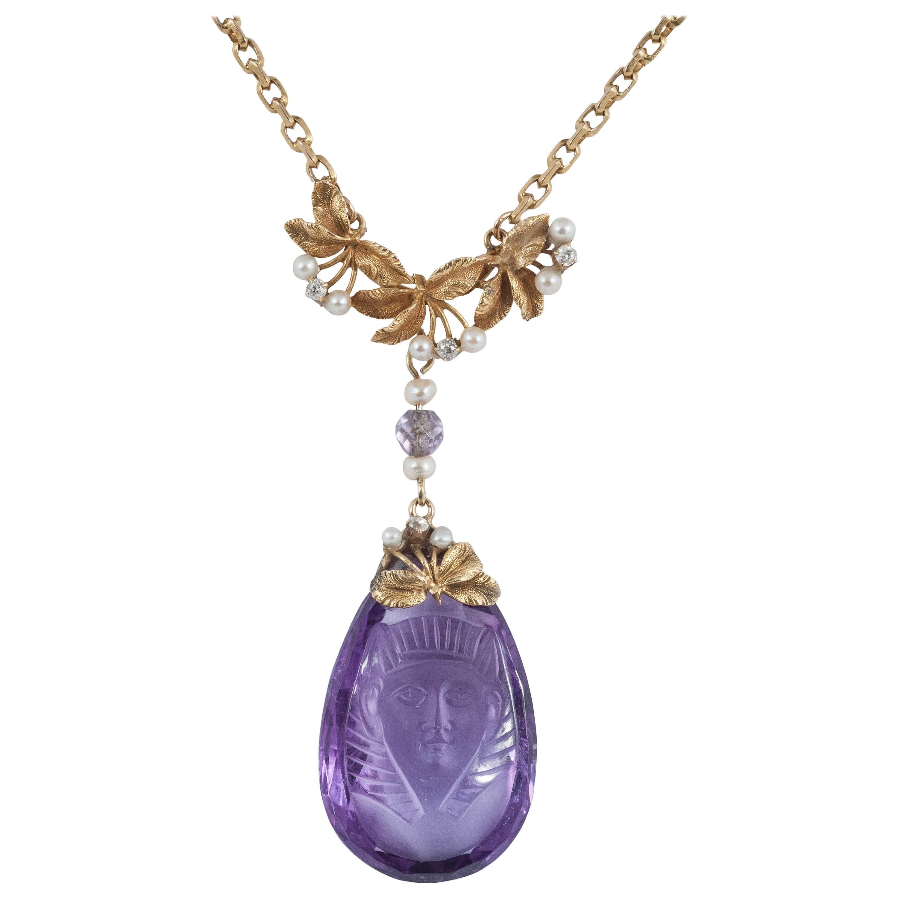 Carved Amethyst Pearl Gold Egyptian Revival Drop Necklace For Sale