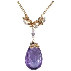 Carved Amethyst Pearl Gold Egyptian Revival Drop Necklace