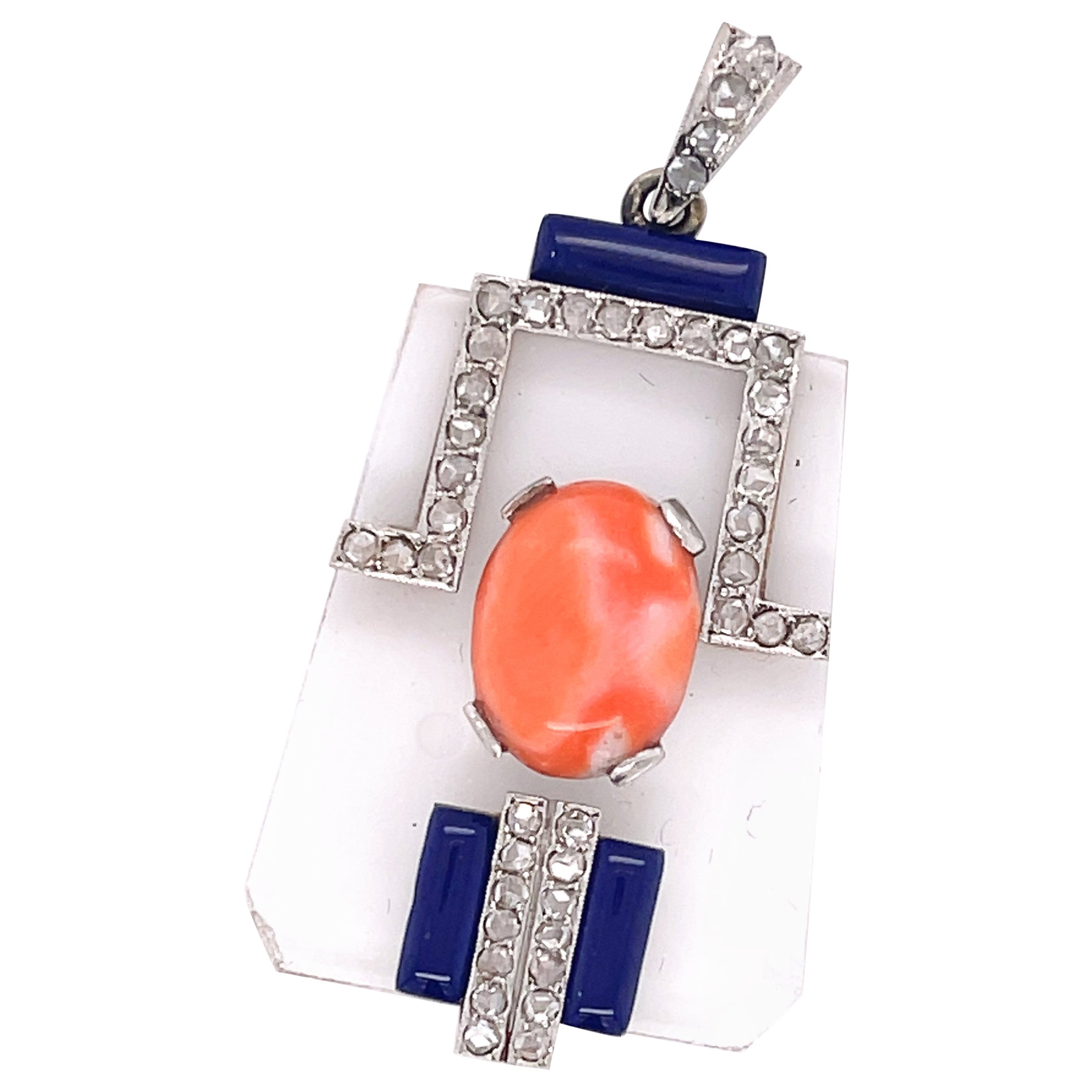 Unique Transparent Rock Quartz Necklace Pendant with Coral Enamel Center For Sale