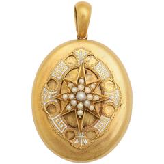 White Enamel Seed Pearl Starburst Locket