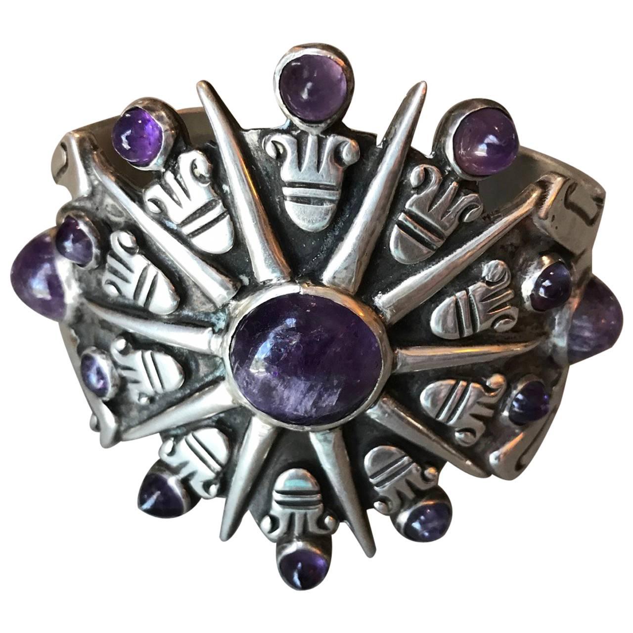William Spratling Amethyst Sterling Silver Aztec Sun Cuff Bracelet For Sale