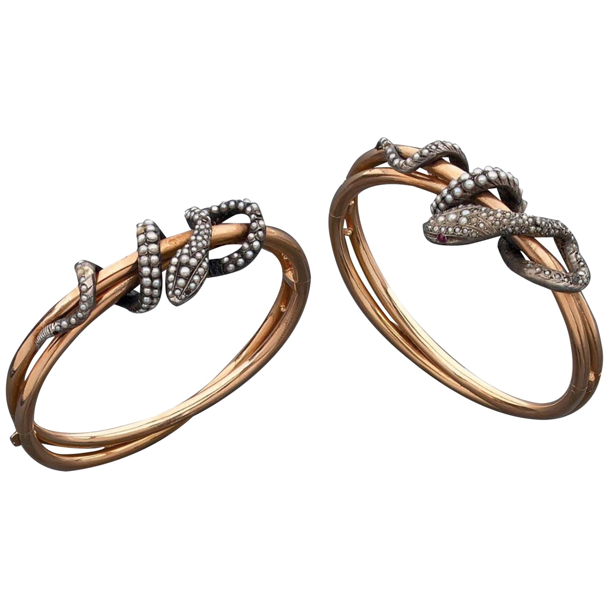 Antique Pair of Silver Gold Snake Bracelets