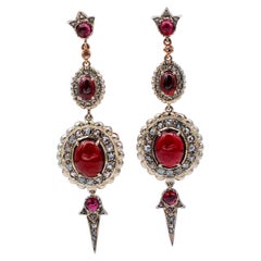 Vintage Garnets, Diamonds, 14 Karat Rose Gold and Silver Dangle Earrings