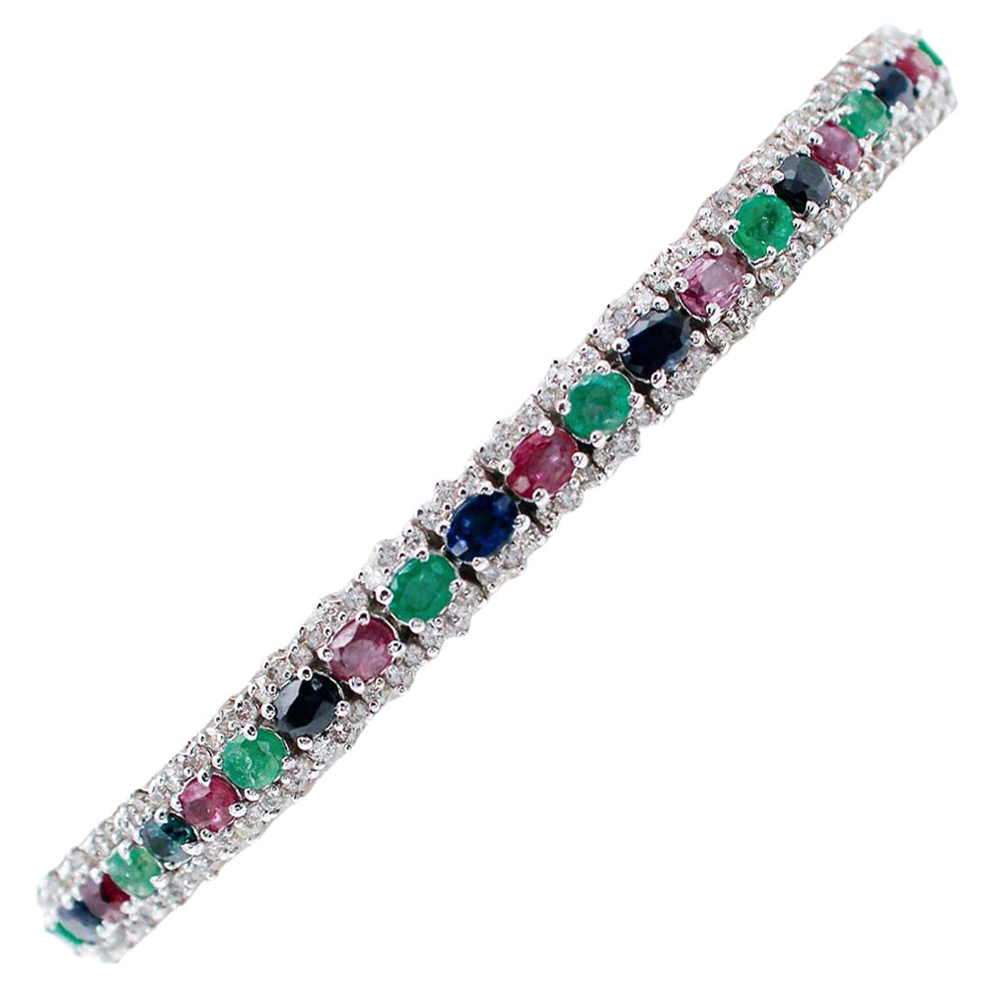 Esmeraldas, Rubíes, Zafiros, Diamantes, Pulsera de Tenis de Oro Blanco de 14 Kilates
