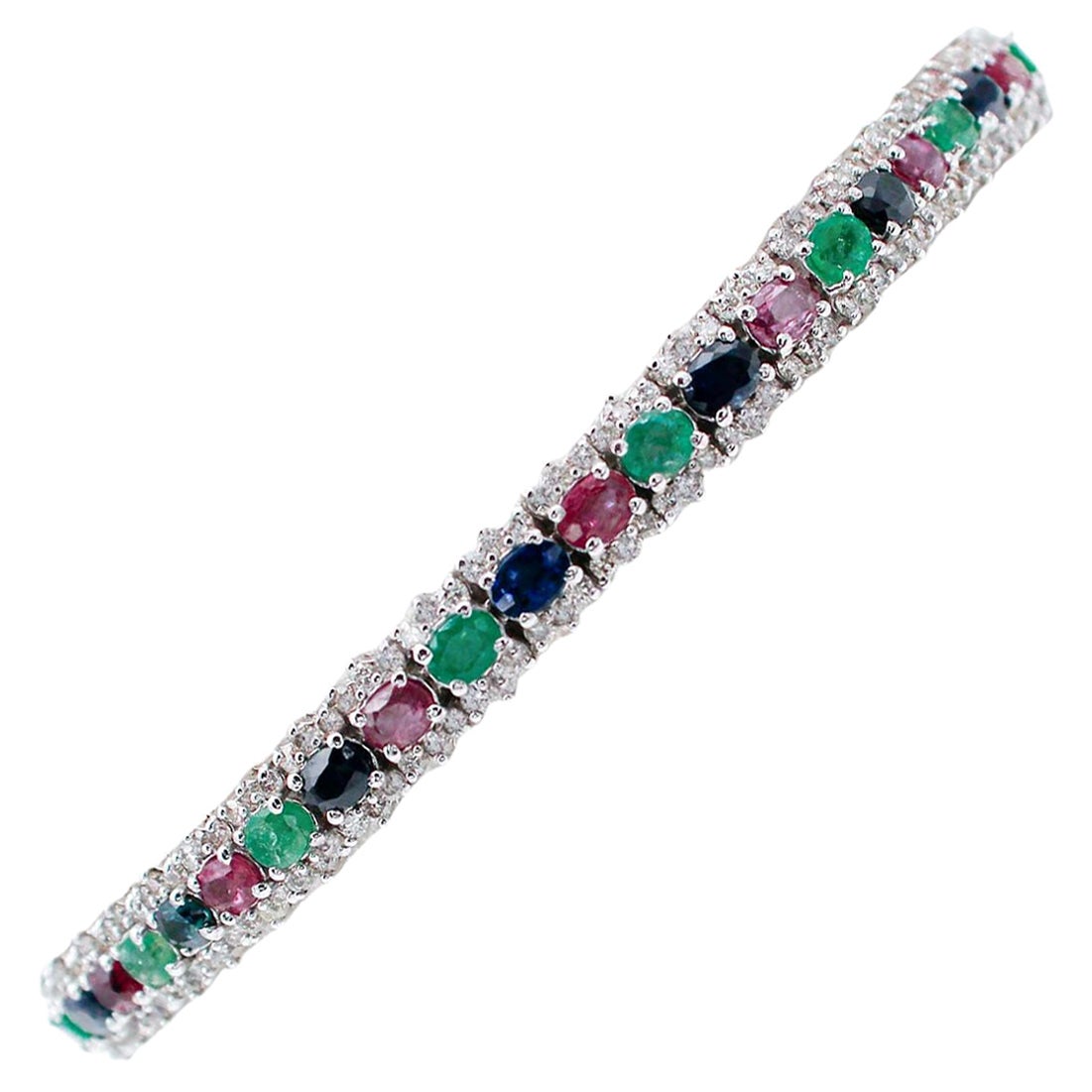 Bracelet tennis en or blanc 14 carats, émeraudes, rubis, saphirs, diamants