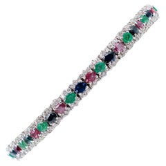 Vintage Emeralds, Rubies, Sapphires, Diamonds, 14 Karat White Gold Tennis Bracelet