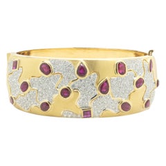 18 Karat Yellow Gold Diamond and Ruby Wide Bangle Bracelet
