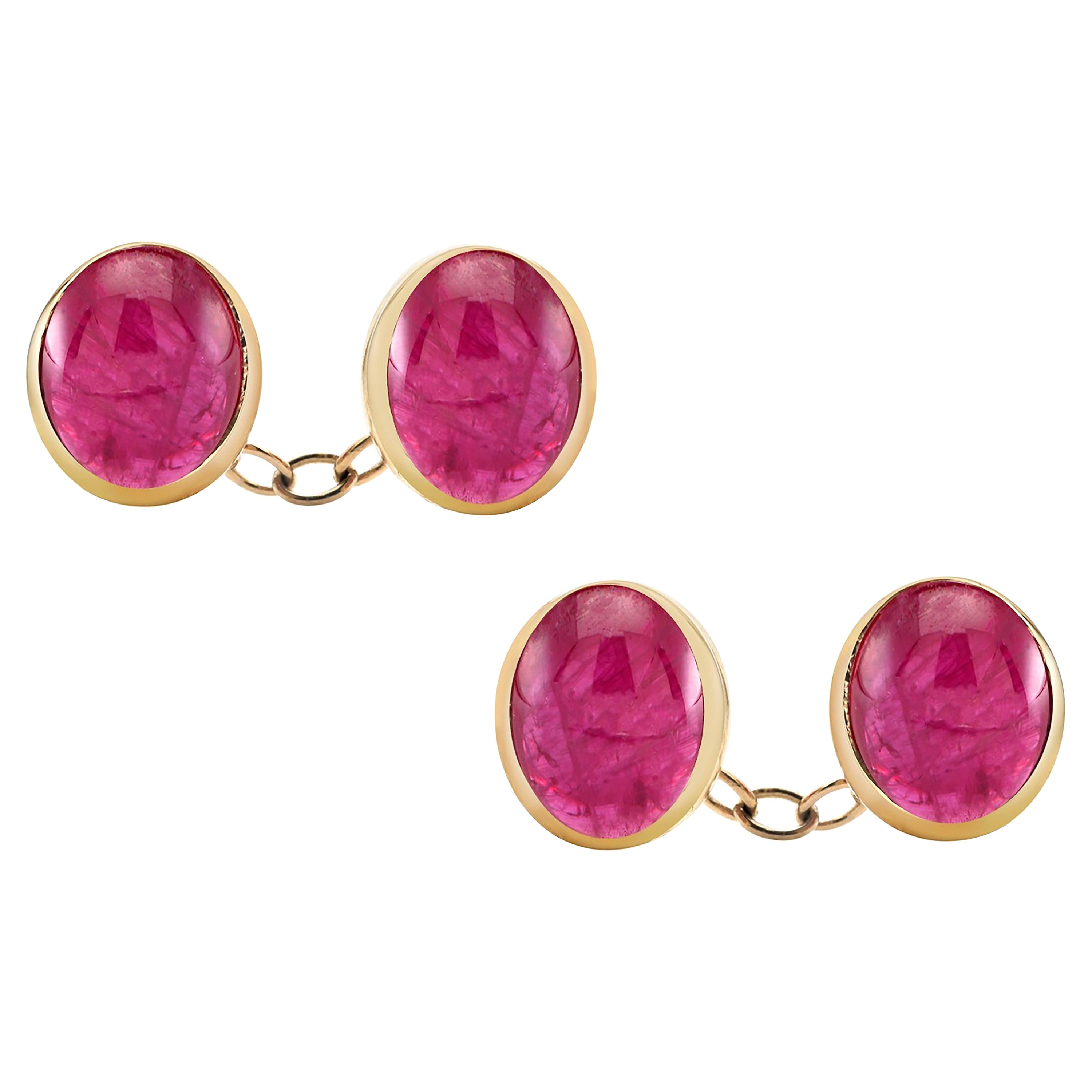 Four Matched Cabochon Burma Ruby Double Sides Chain Link Yellow Gold Cufflinks