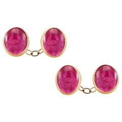 Four Matched Cabochon Burma Ruby Double Sides Chain Link Yellow Gold Cufflinks