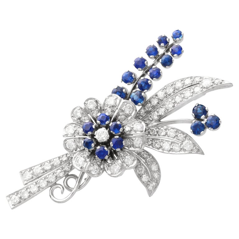 Vintage 1.57 Carat Sapphire and 1.89 Carat Diamond White Gold Brooch For Sale